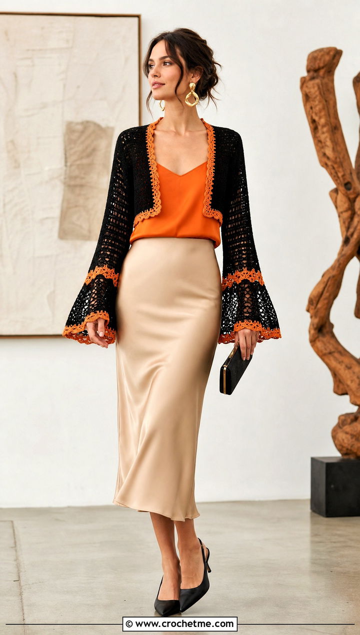 Black Bell Sleeve Crochet Bolero With Satin Midi Skirt - 25 black crochet bolero outfit ideas