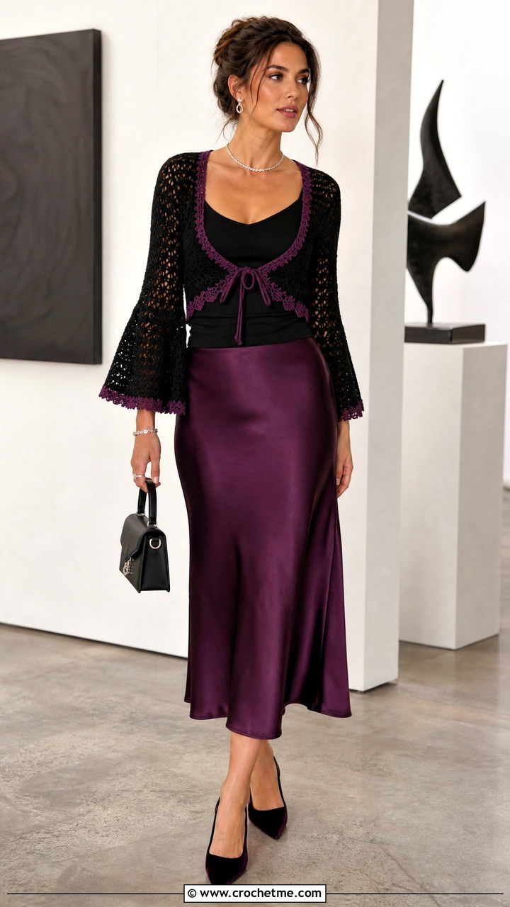Black Bell Sleeve Crochet Shrug With Satin Skirt - 35 black crochet shrug outfit ideas