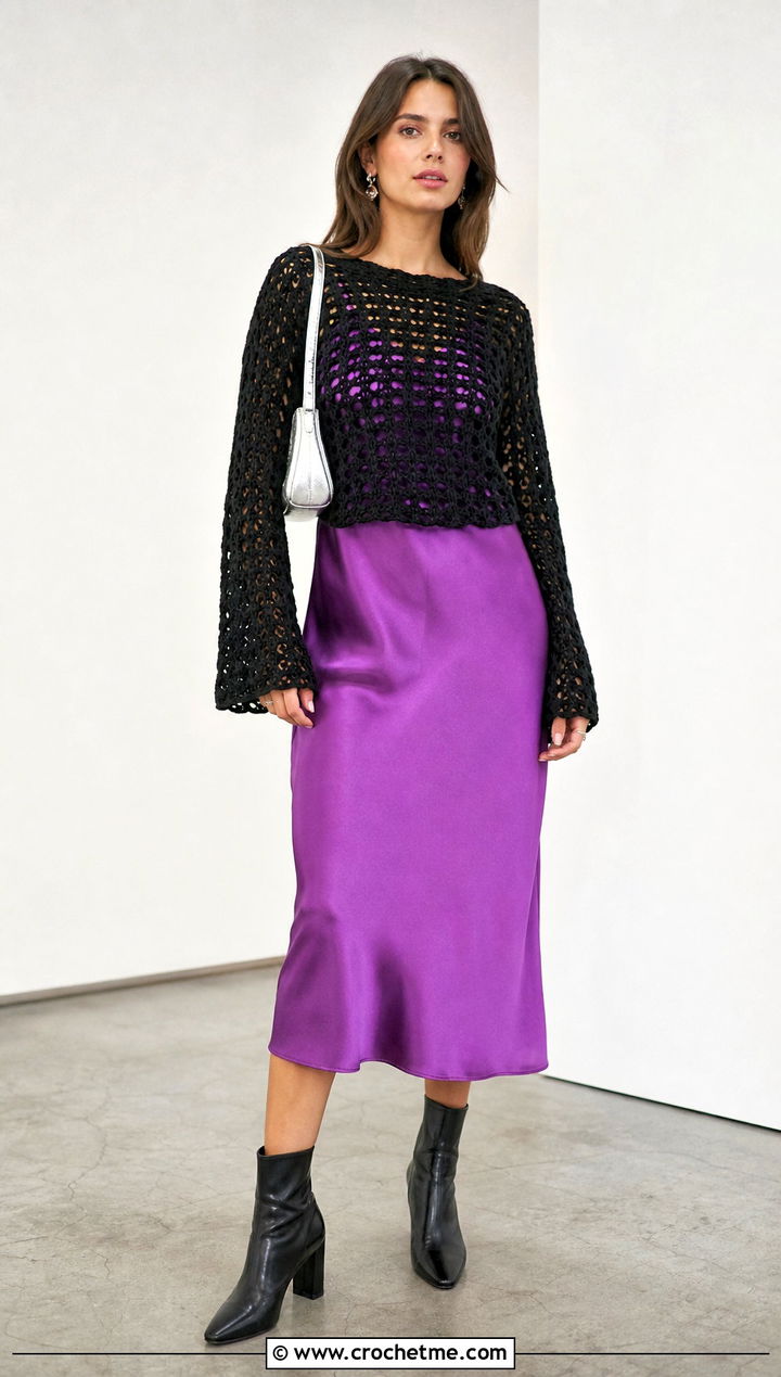 Black Bell Sleeve Crochet Sweater Over A Slip Dress - 15 black crochet sweater fall fashion and outfit ideas
