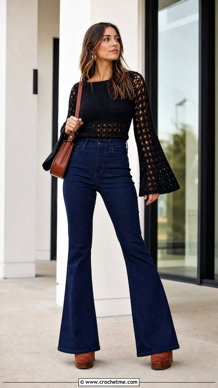 Black Bell Sleeve Crochet Top With Flared Jeans - 35 black crochet top outfit ideas