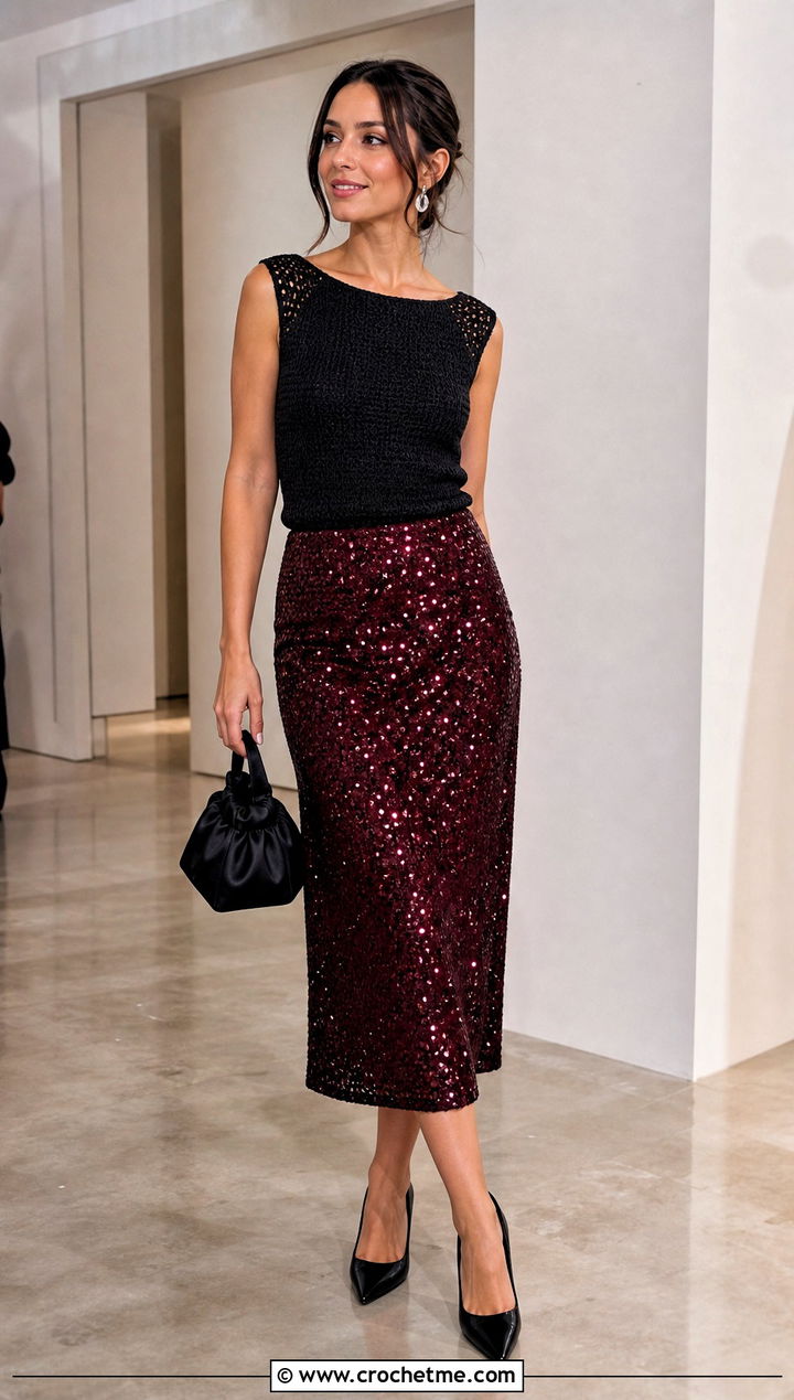 Black Boat Neck Crochet Tank Top With Sequin Midi Skirt - 30 Black Crochet Tank Top outfit ideas