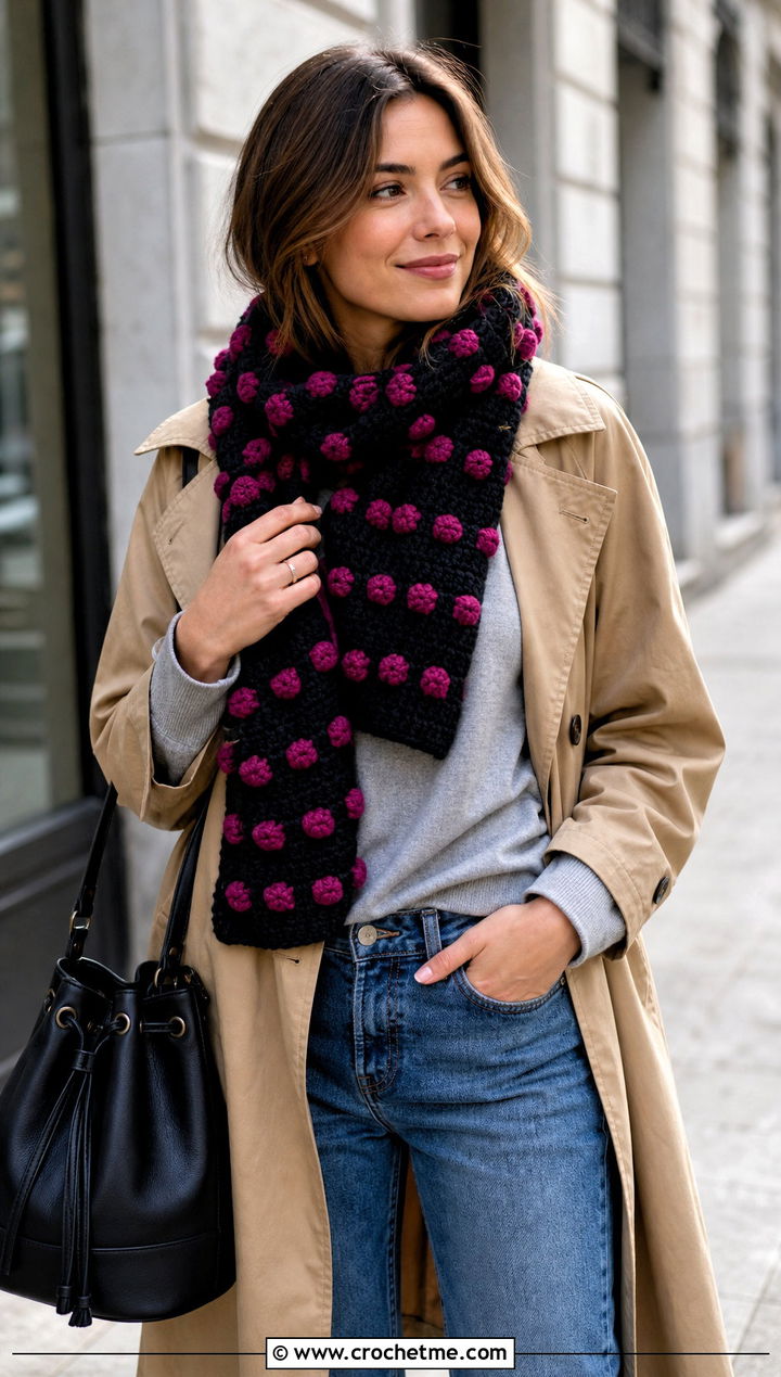 Black Bobble Stitch Crochet Scarf With Trench Coat And Jeans - 15 Handmade Black Crochet Scarf outfit ideas