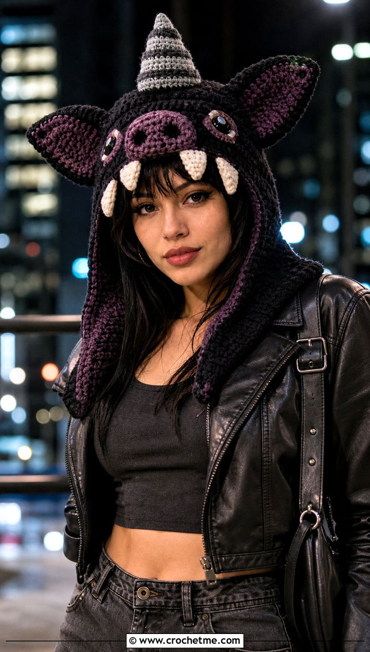 Black Bokoblin Crochet Hood With Leather Jacket - 15 Bokoblin Crochet Hat outfit ideas