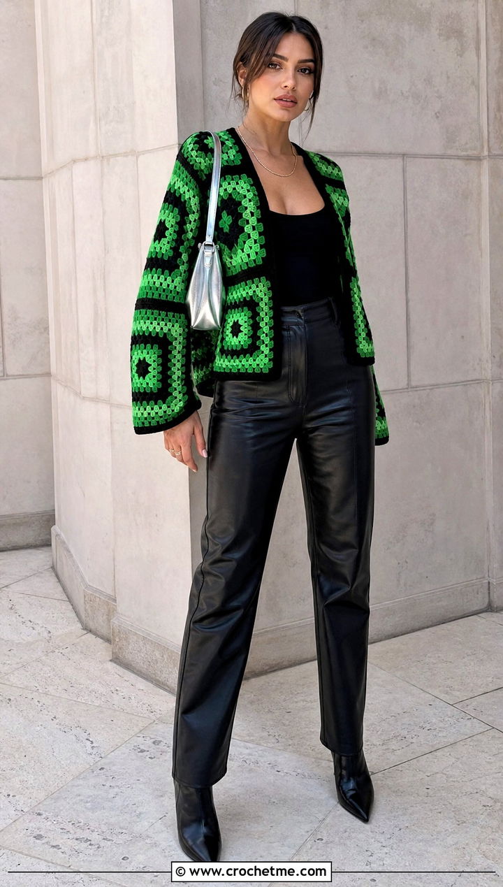 Black Border Granny Square Cardigan With Leather Pants - 30 granny squares cardigan outfit ideas