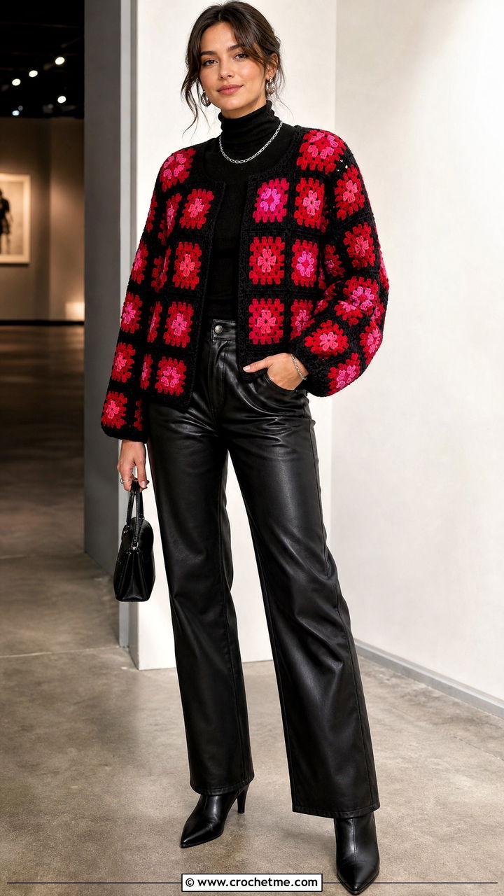 Black Border Granny Square Crochet Cardigan With Leather Pants - 35 granny square crochet cardigan outfit ideas