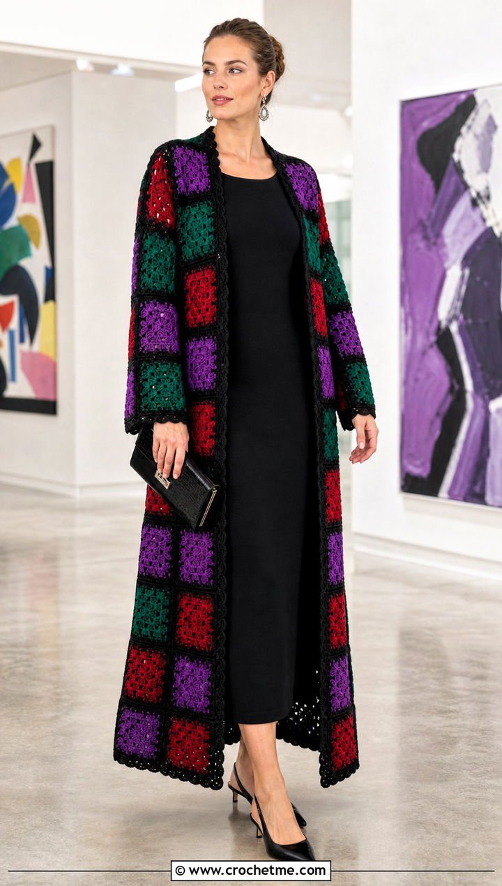 Black Border Granny Square Duster With Column Dress - 35 granny square duster outfit ideas