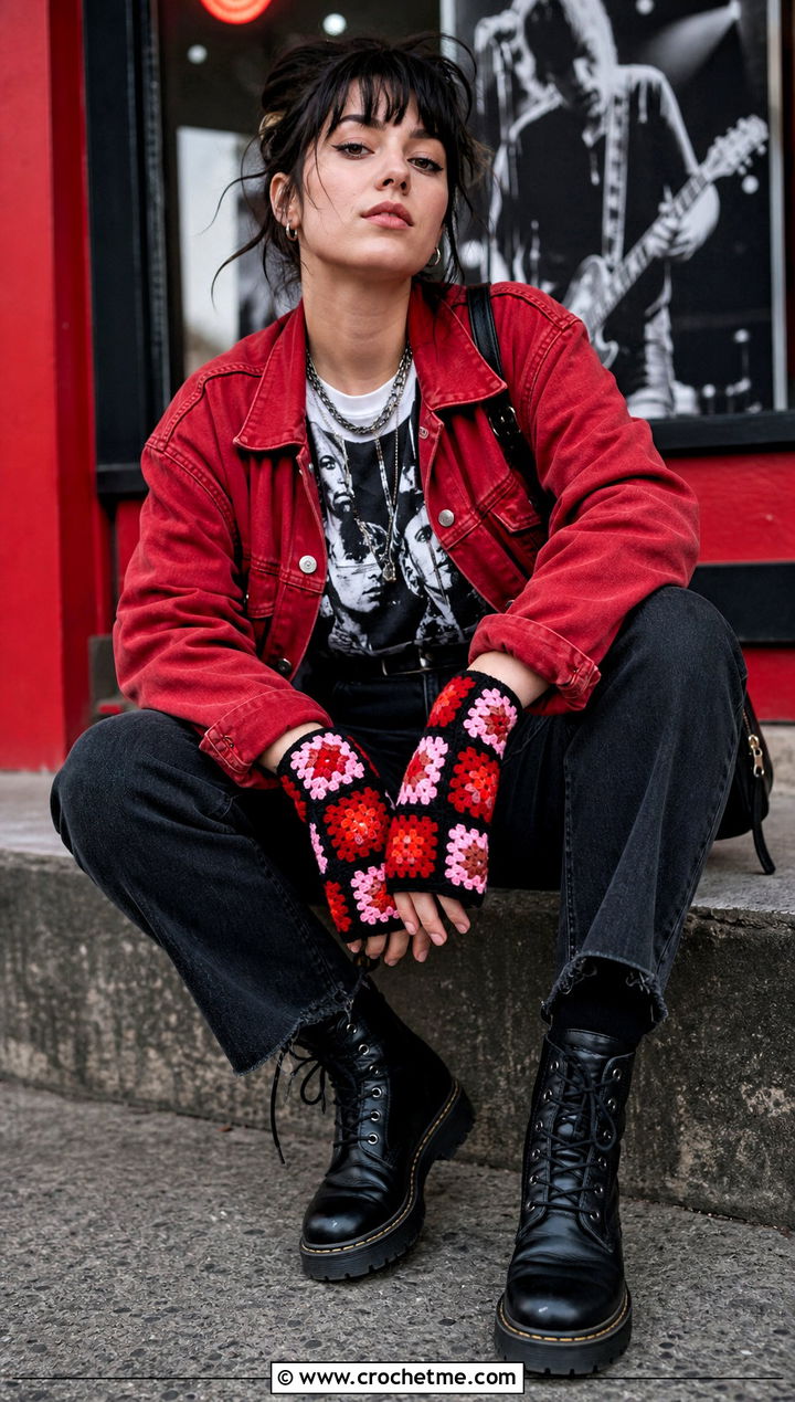 Black Border Granny Square Fingerless Gloves With Graphic Tee - 35 granny square fingerless gloves outfit ideas