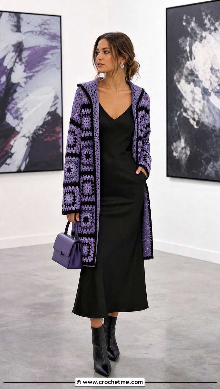 Black Border Granny Square Hooded Cardigan With Slip Dress - 25 Granny Square Hooded Cardigan outfit ideas