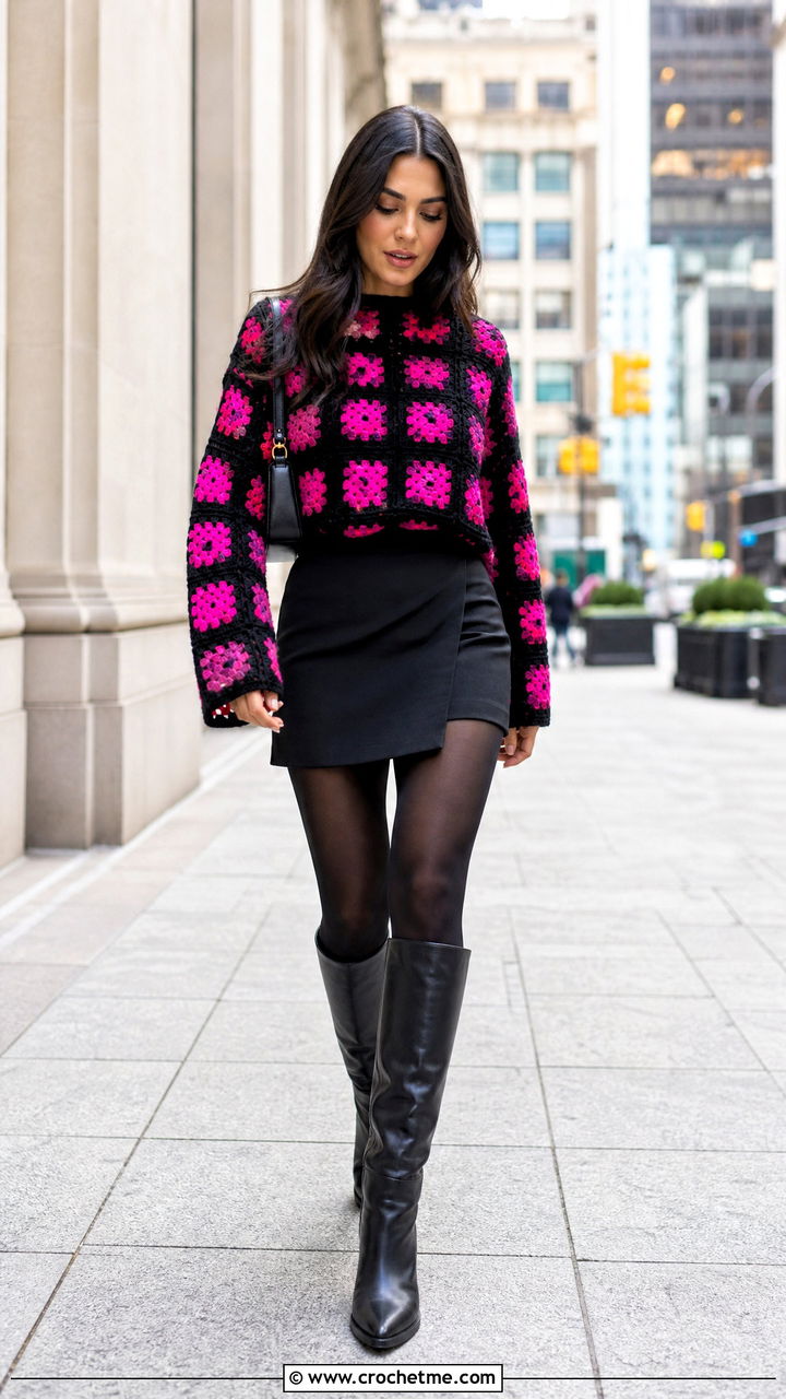 Black Border Granny Square Jumper With Mini Skirt And Tights - 35 crochet granny square jumper outfit ideas