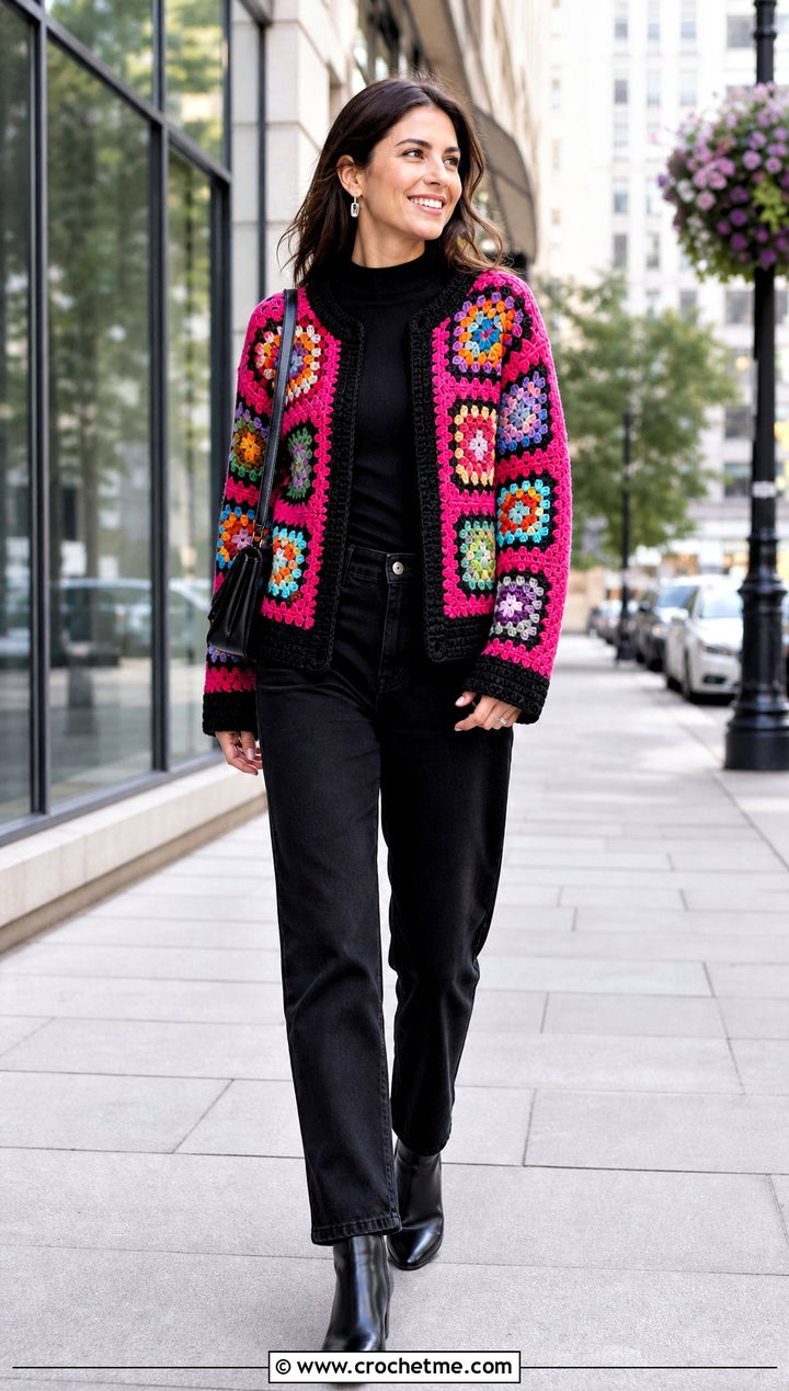 Black Border Granny Square Patchwork Cardigan With All Black Outfit - 30 Granny Square Patchwork Cardigan outfit ideas