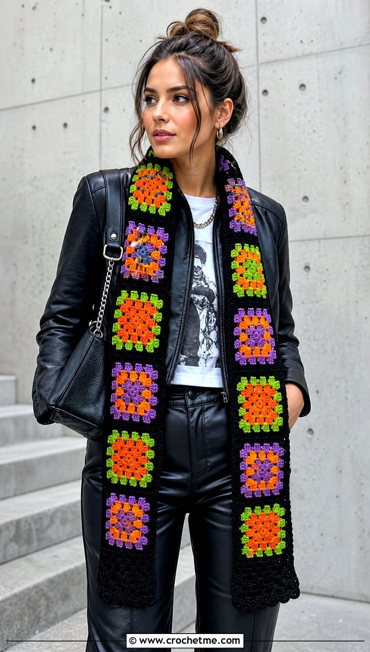 Black Border Granny Square Scarf With Graphic T Shirt And Leather Pants - 30 crochet granny square scarf outfit ideas
