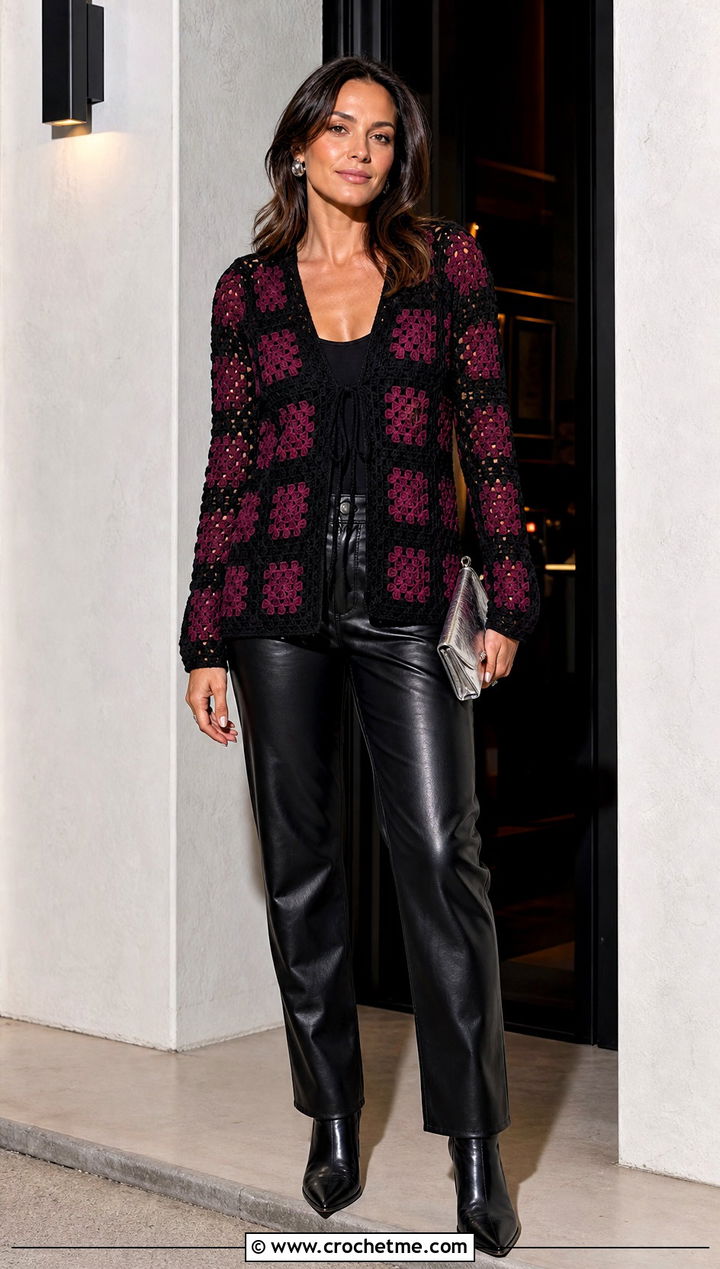 Black Border Granny Square Tie Cardigan With Leather Pants - 25 Granny Square Tie Cardigan outfit ideas