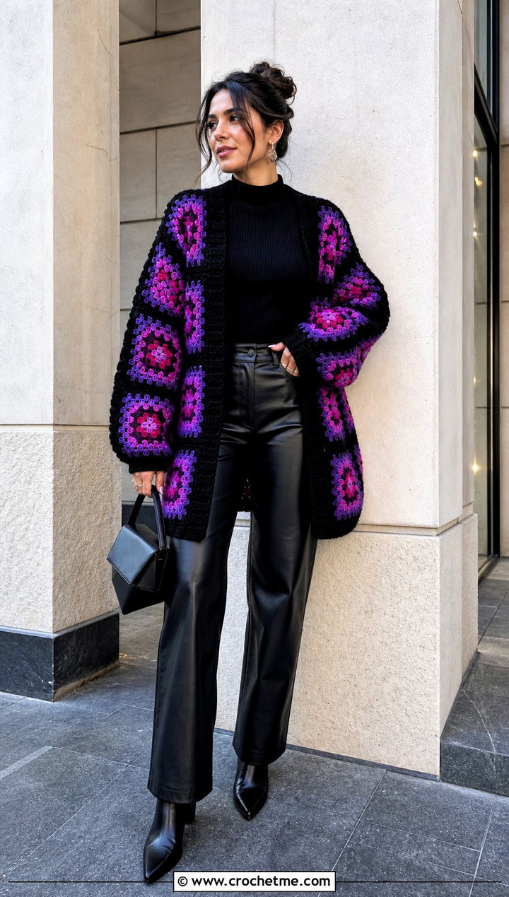 Black Border Oversized Granny Square Cardigan With Leather Pants - 25 Oversized Granny Square Cardigan outfit ideas