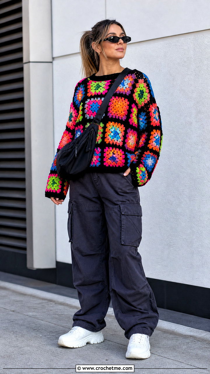 Black Border Rainbow Granny Square Crochet Sweater With Cargo Pants - 35 granny square crochet sweater outfit ideas