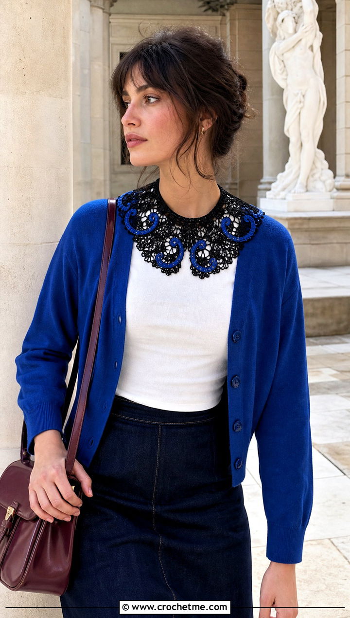 Black Bruges Lace Crochet Collar With Cardigan And Denim Skirt - 15 Black Crocheted Lace Collar outfit ideas