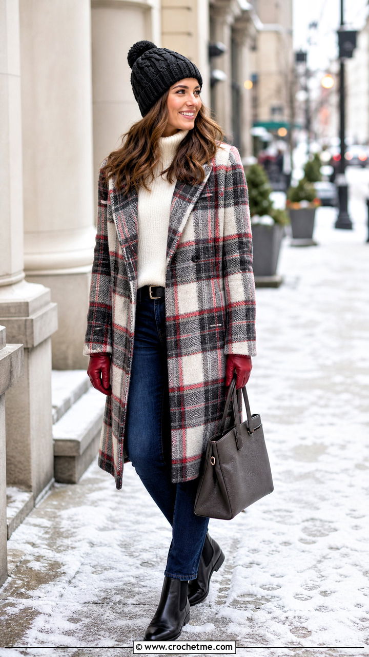 Black Cable Crochet Beanie With Plaid Coat - 35 Black Crochet Hat outfit ideas