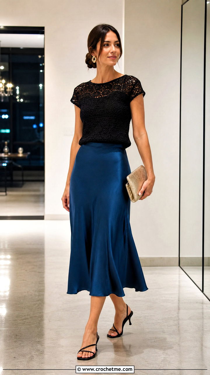 Black Cap Sleeve Crochet Top With Bias Cut Skirt - 35 black crochet top outfit ideas