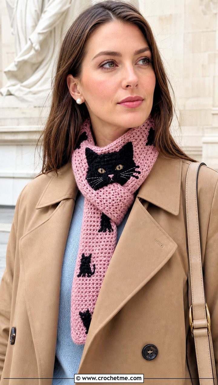 Black Cat Applique Halloween Scarf With Trench Coat - 20 crochet halloween scarf outfit ideas