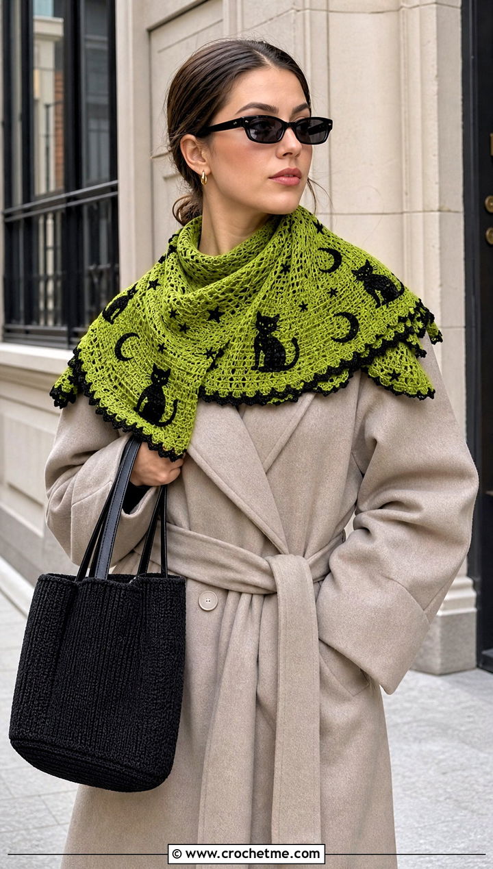 Black Cat Crescent Crochet Halloween Shawl With Trench Coat - 20 Crochet Halloween Shawl outfit ideas