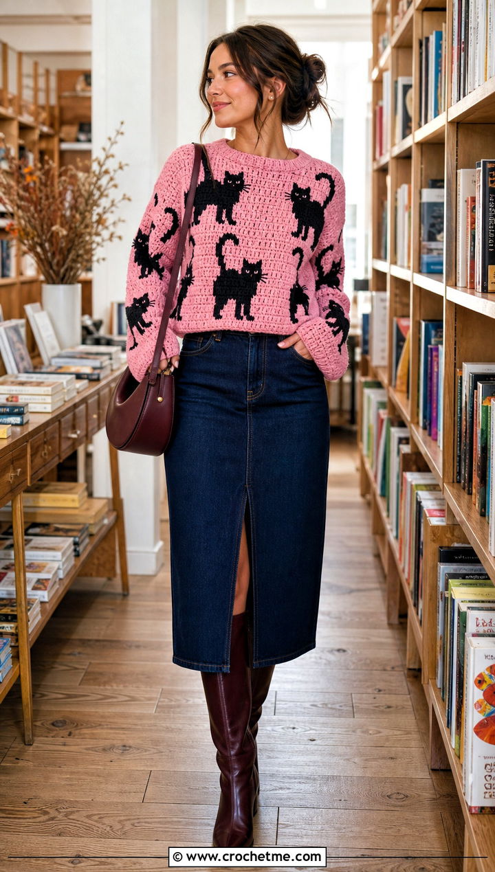 Black Cat Crochet Halloween Sweater With Denim Midi Skirt - 35 Crochet Halloween Sweater outfit ideas