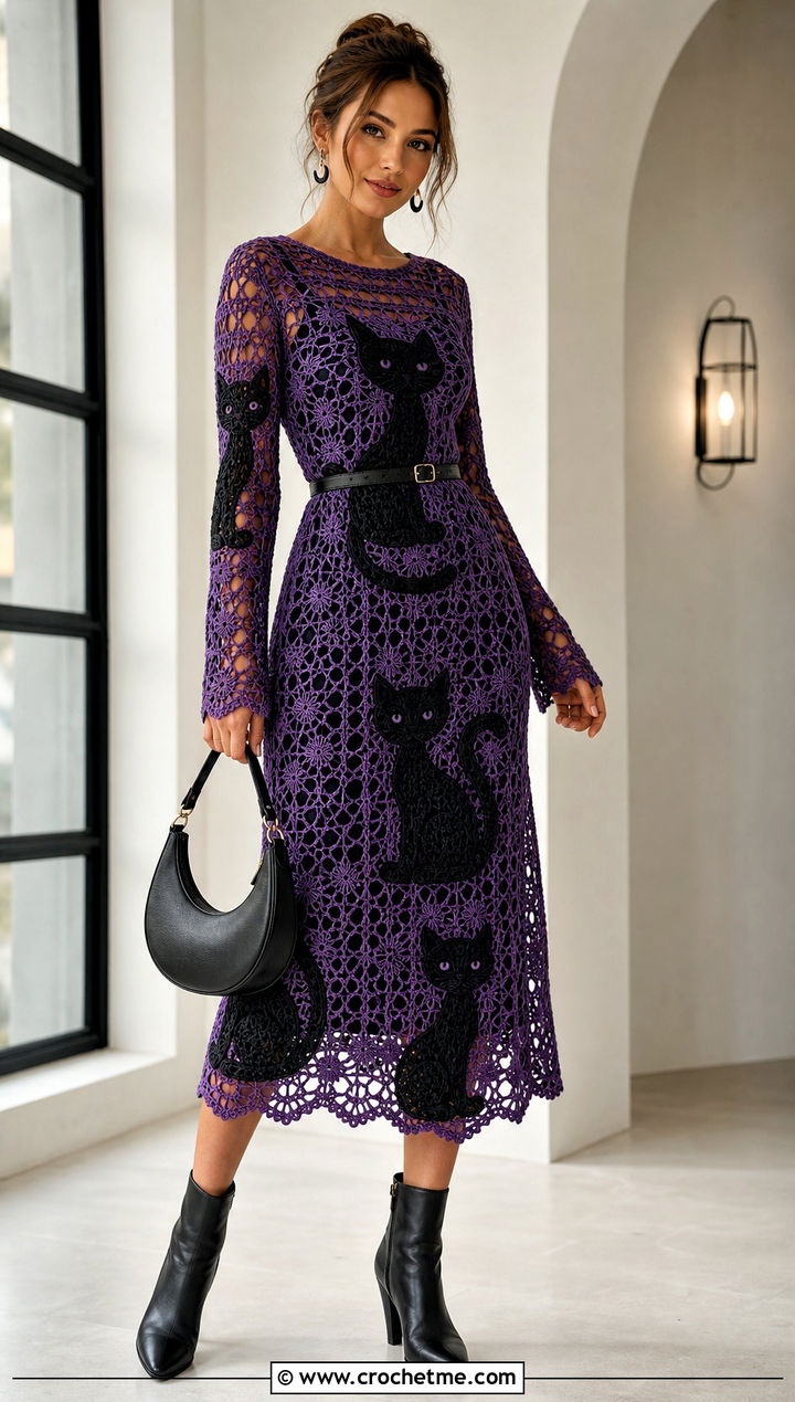 Black Cat Crochet Midi Dress With Ankle Boots - 20 Crochet Halloween Clothing and outfit ideas