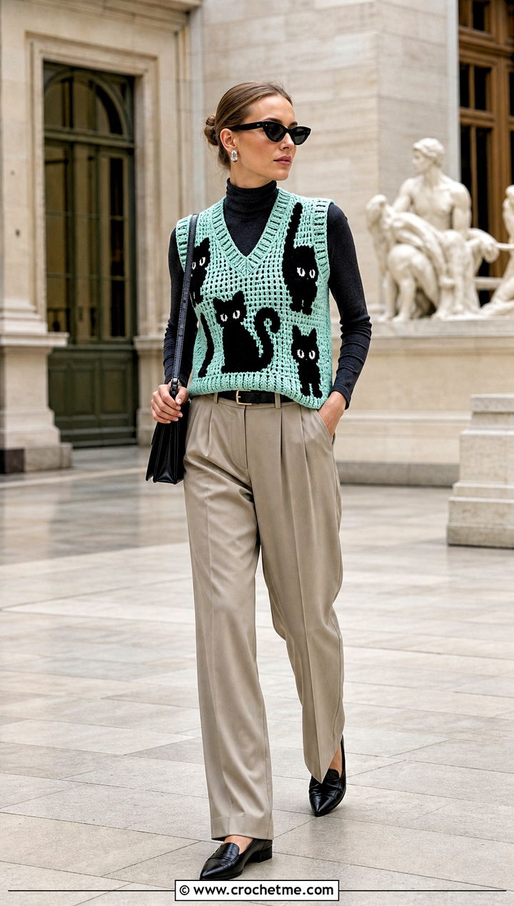 Black Cat Crochet Sweater Vest With Pleated Trousers - 35 halloween crochet clothes and outfit ideas