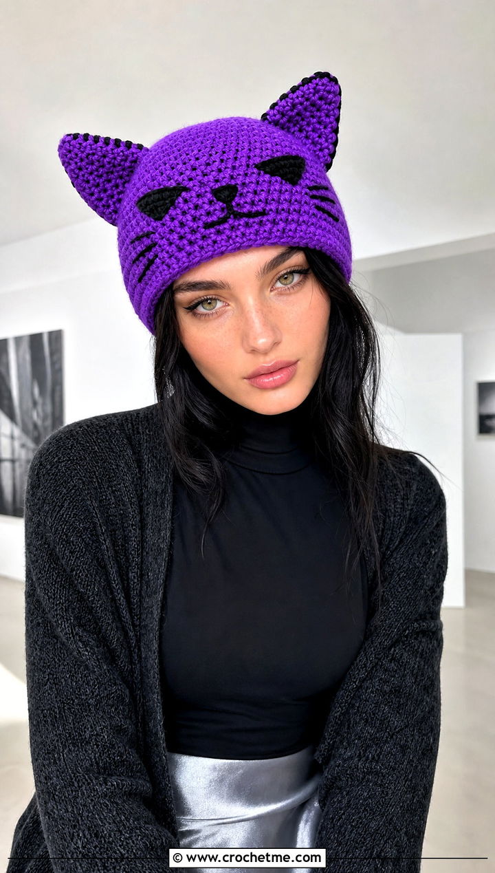 Black Cat Ear Beanie With Satin Skirt - 25 Halloween Crochet Beanies outfit ideas