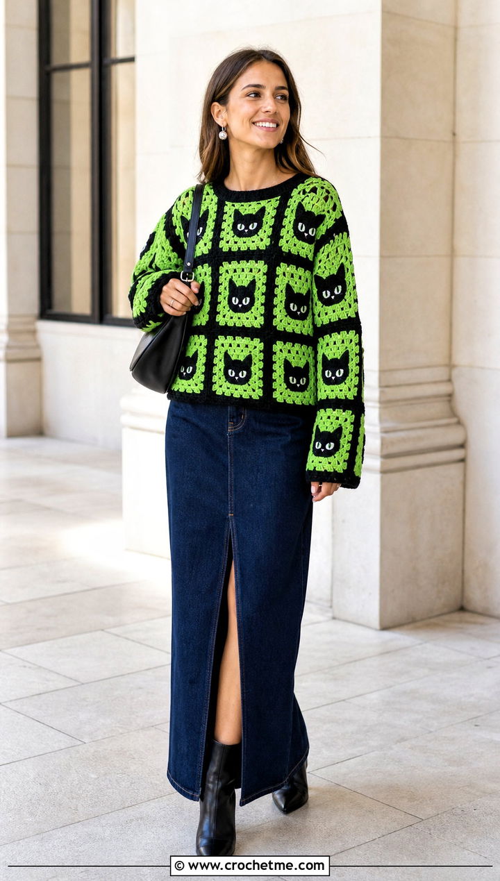 Black Cat Granny Square Halloween Sweater With Denim Maxi Skirt - 15 Crochet Granny Square Halloween Sweater outfit ideas