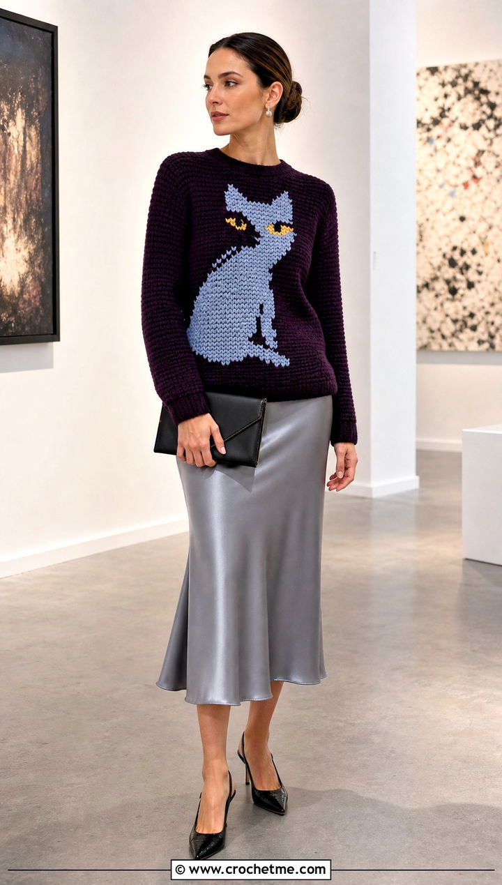 Black Cat Intarsia Crochet Sweater With Satin Midi Skirt - 15 Spooky Crochet Sweater outfit ideas