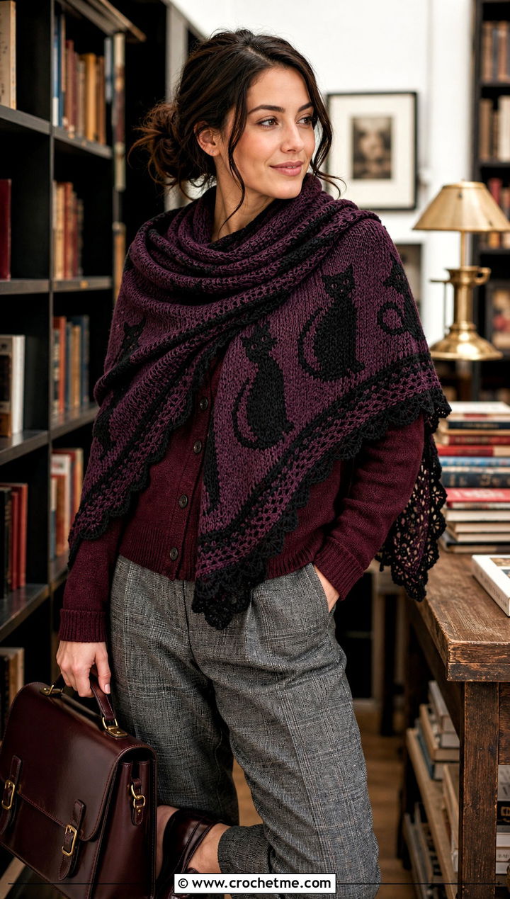 Black Cat Shawl With Cardigan and Plaid Trousers - 25 halloween crochet shawl outfit ideas