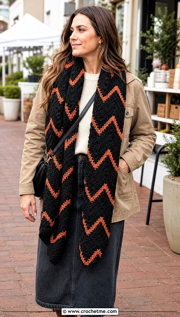 Black Chevron Crochet Scarf With Utility Jacket And Midi Skirt - 15 Handmade Black Crochet Scarf outfit ideas