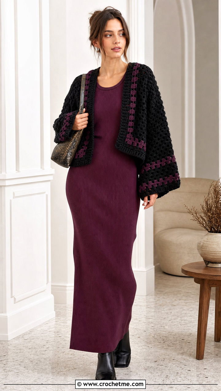 Black Chunky Crochet Bolero With Column Dress - 25 black crochet bolero outfit ideas