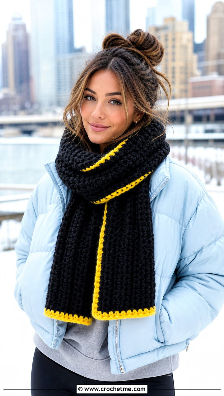 Black Chunky Ribbed Crochet Scarf With Puffer Jacket And Leggings - 15 Handmade Black Crochet Scarf outfit ideas