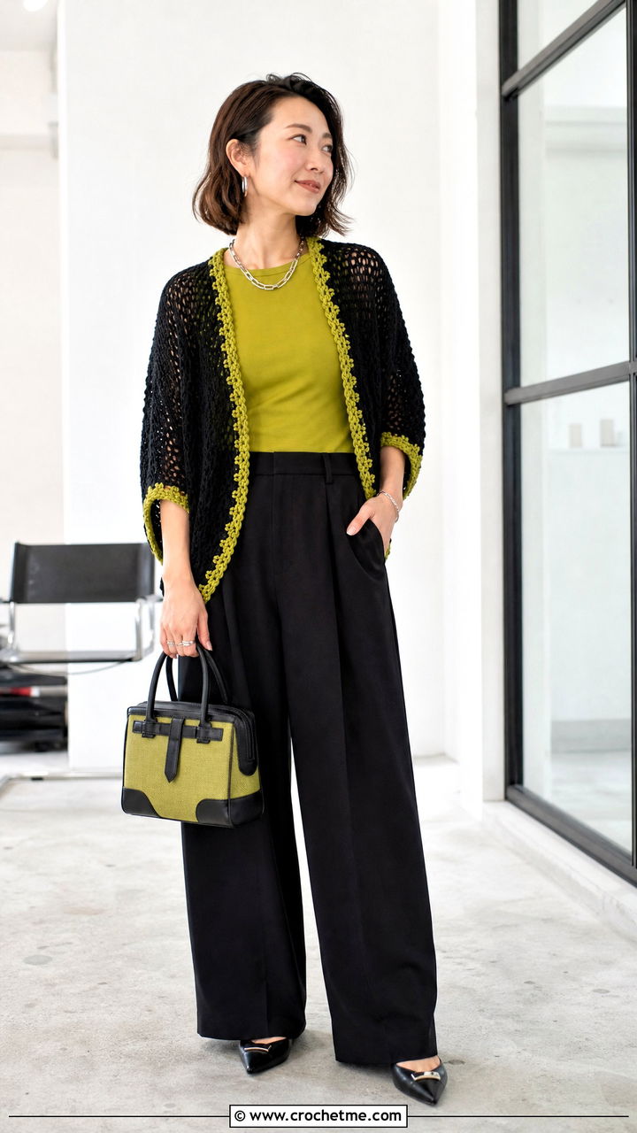 Black Cocoon Crochet Shrug With Monochrome Separates - 35 black crochet shrug outfit ideas