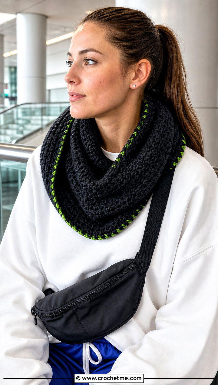 Black Cowl Crochet Scarf With Sweatshirt And Track Pants - 15 Handmade Black Crochet Scarf outfit ideas