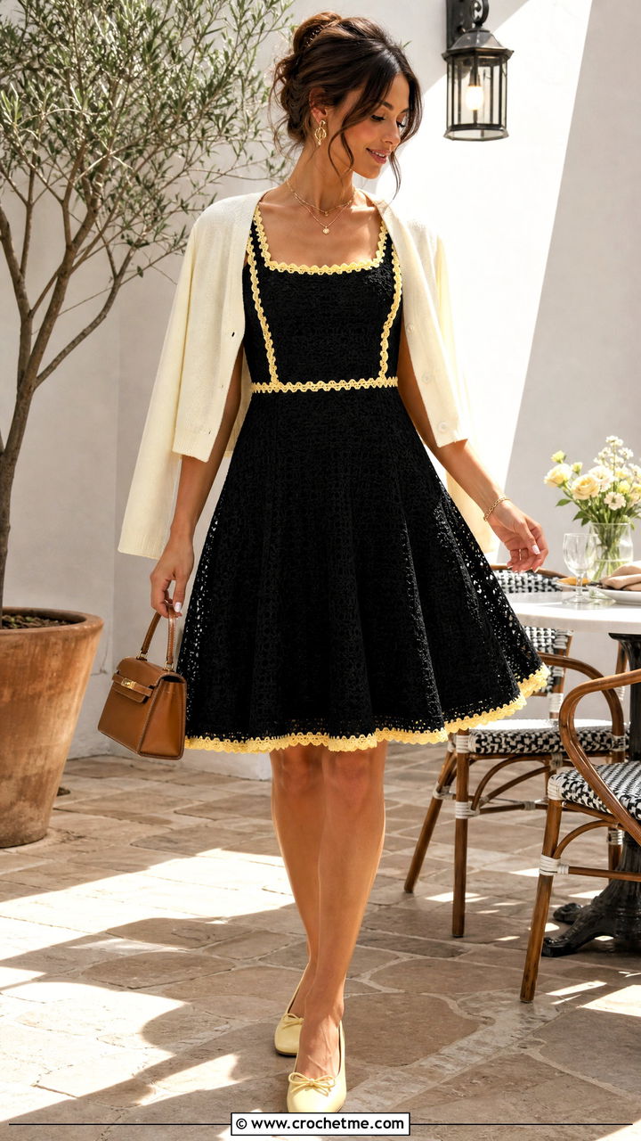 Black Crochet A Line Dress With Ballet Flats - 35 black crochet dress outfit ideas