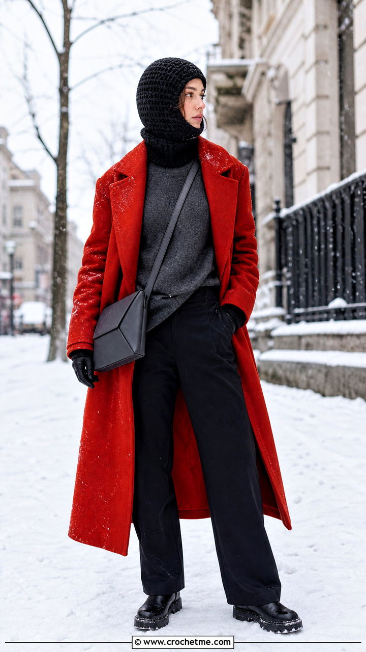 Black Crochet Balaclava Hat With Long Coat - 35 Black Crochet Hat outfit ideas