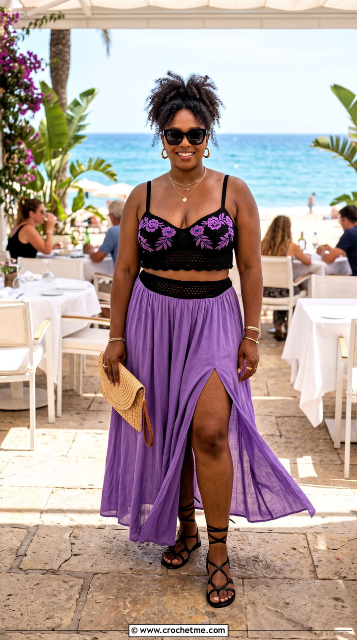 Black Crochet Balconette Bikini With Maxi Skirt - 25 Black Crochet Swimsuit outfit ideas