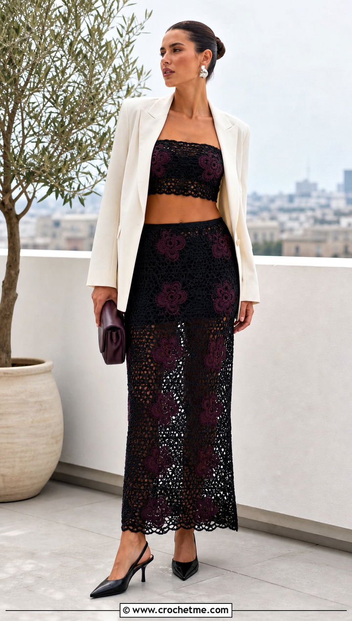 Black Crochet Bandeau And Maxi Skirt With Blazer - 20 Black Crochet Two Piece outfit ideas