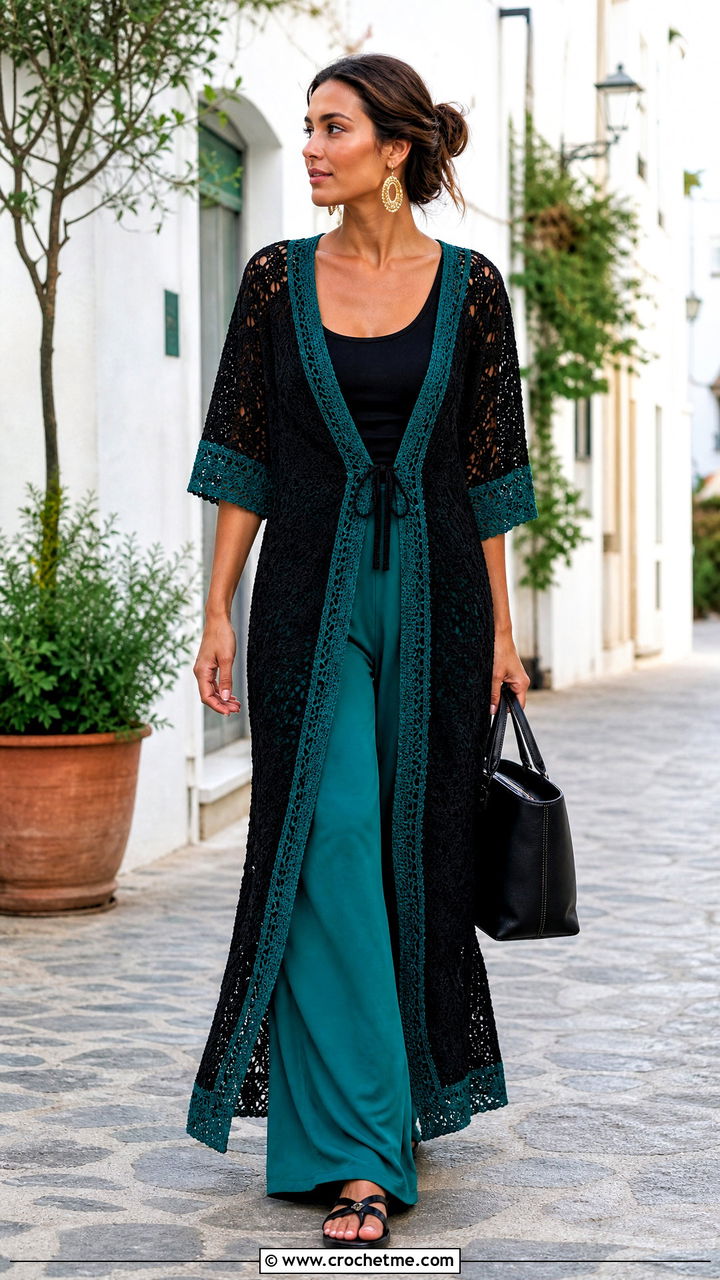 Black Crochet Beach Dress With Wide Leg Trousers - 35 black crochet dress outfit ideas