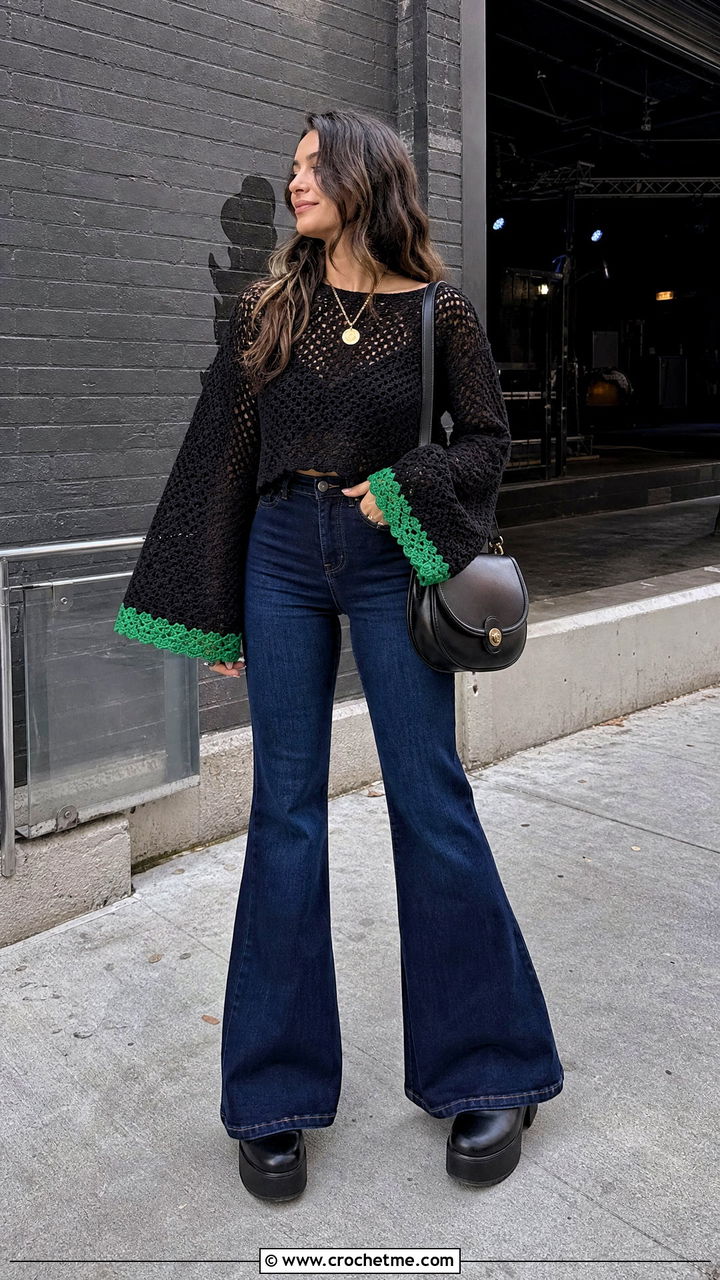 Black Crochet Bell Sleeve Blouse With Flared Jeans - 35 Crochet Black Top outfit ideas
