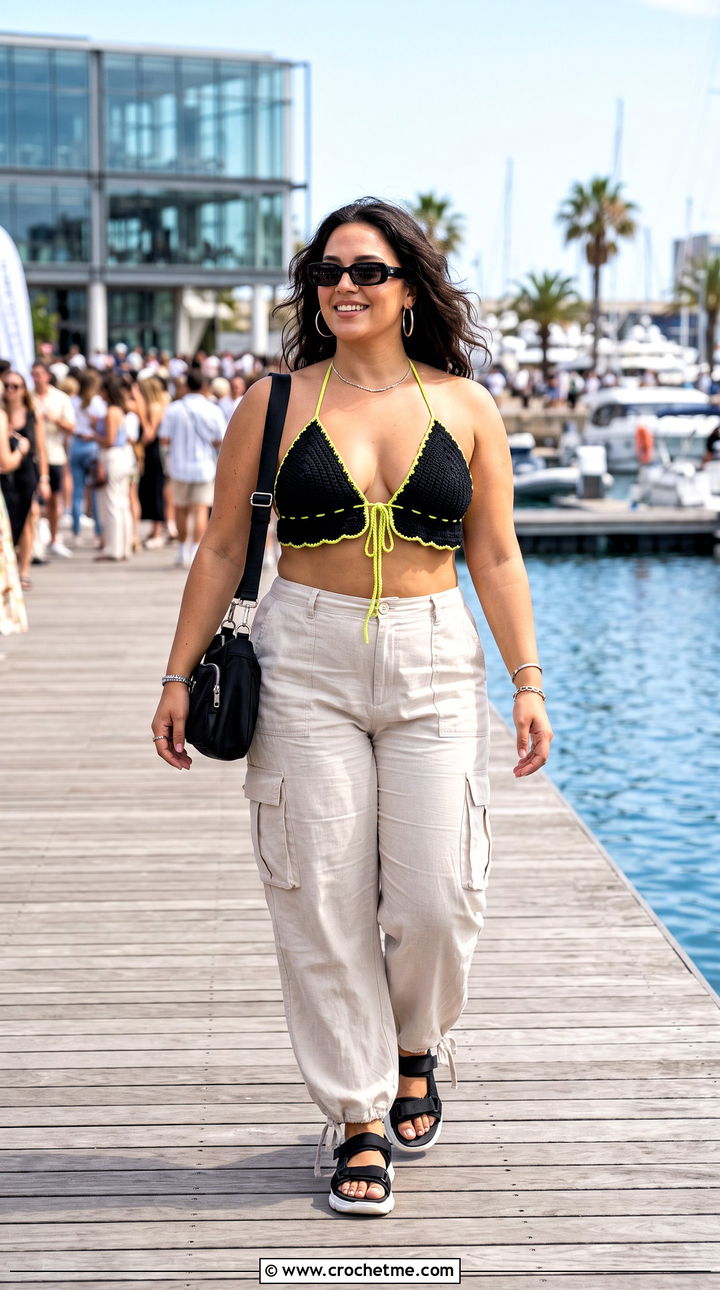 Black Crochet Bralette Bikini With Cargo Pants - 25 Black Crochet Swimsuit outfit ideas