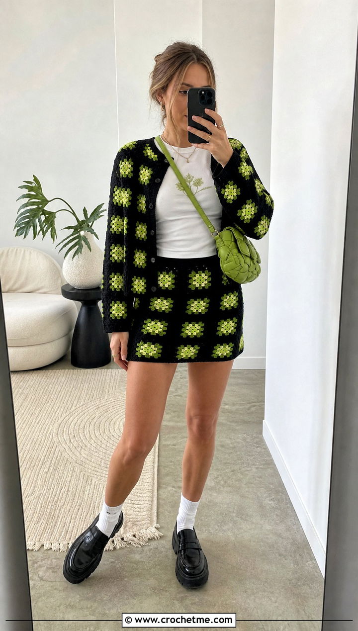 Black Crochet Cardigan And Mini Skirt With Graphic Tee - 20 Black Crochet Two Piece outfit ideas