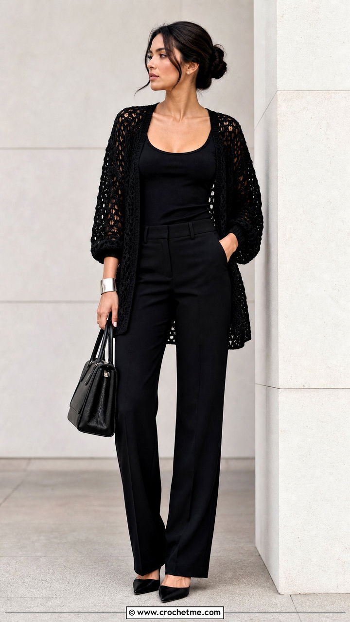 Black Crochet Cardigan With A Monochrome Outfit - 35 crochet cardigan outfit ideas