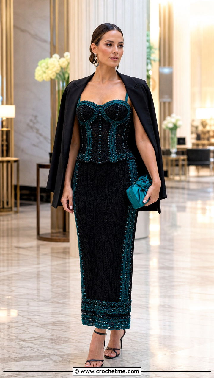 Black Crochet Corset Top And Column Skirt - 20 Black Crochet Two Piece outfit ideas