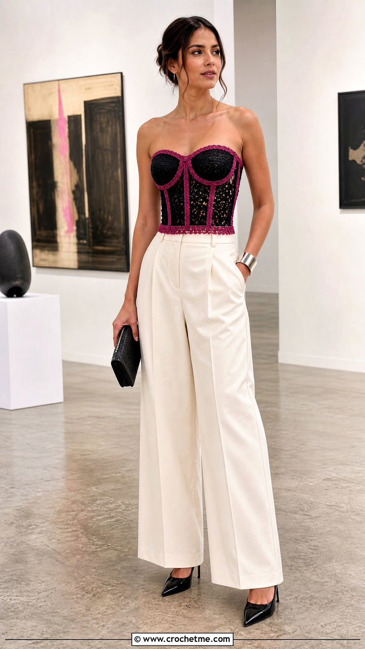 Black Crochet Corset Top With Tailored Trousers - 35 Crochet Black Top outfit ideas