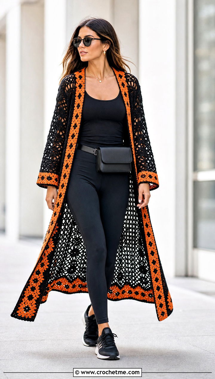 Black Crochet Duster Cardigan With Leggings - 25 black crochet clothes and outfit ideas