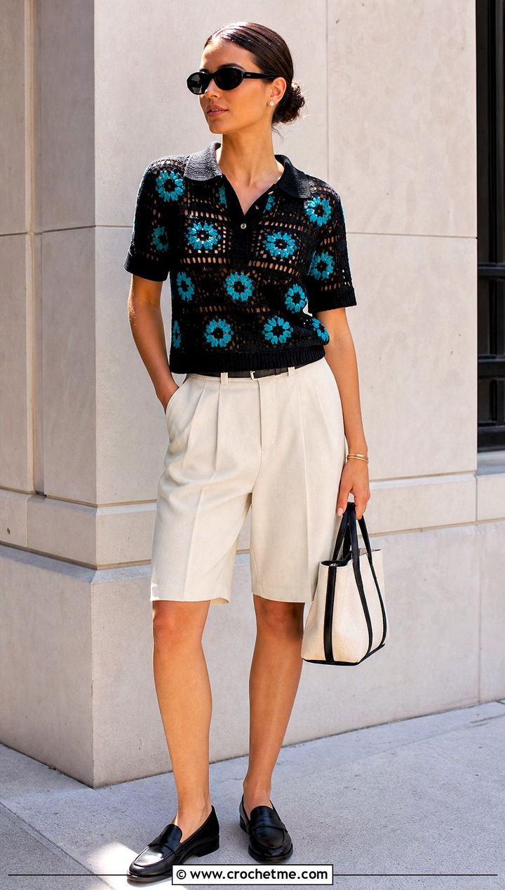 Black Crochet Flower Polo Top With Bermuda Shorts - 15 black crochet top with flowers outfit ideas