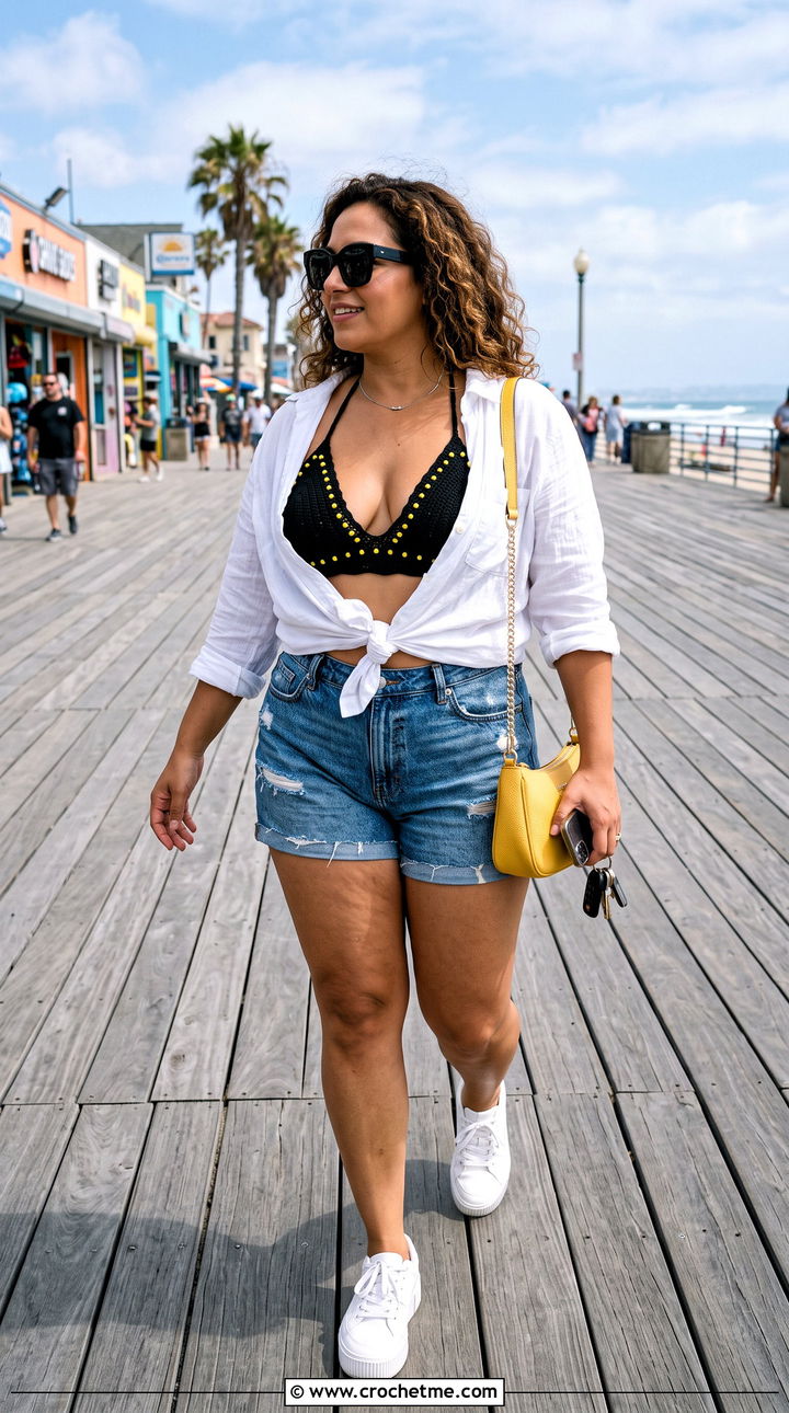 Black Crochet Halter Bikini With Denim Shorts - 25 Black Crochet Swimsuit outfit ideas