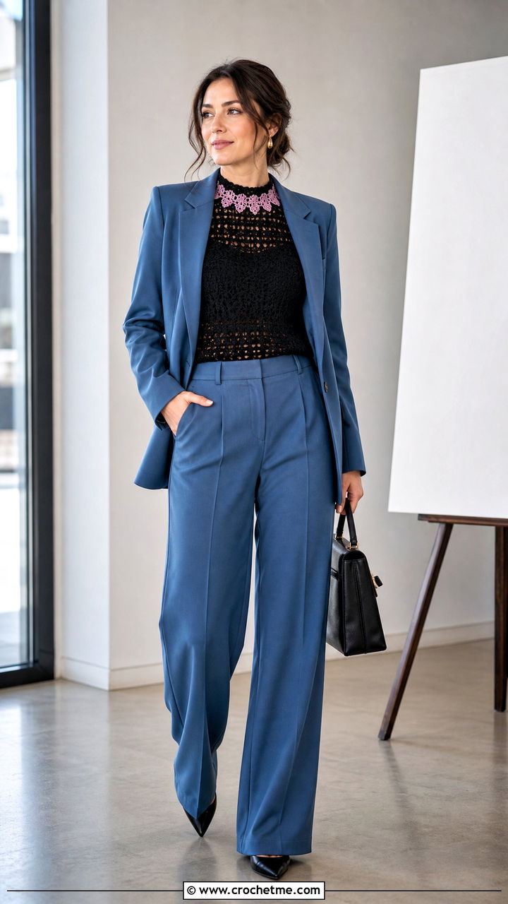 Black Crochet High Neck Shell With Wide Leg Suit - 35 Crochet Black Top outfit ideas